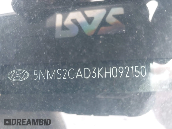 2019 Hyundai Santa Fe SE with VIN 5NMS2CAD3KH092150, listed as a IAAI auction lot 41902766 with 46,595 mi miles and . Bid and sale history available at DreamBid. Image 17.