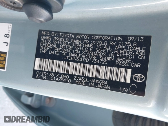 2013 Toyota Prius One with VIN JTDKN3DU7D1734725, listed as a IAAI auction lot 41702527 with 188,983 mi miles. Bid and sale history available at carsss.com. Image 9.