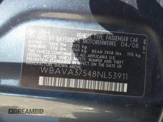 2008 BMW 3 Series 328i with VIN WBAVA37548NL53911, listed as a IAAI auction lot 41749869 with Not Provided miles and . Bid and sale history available at DreamBid. Image 9.
