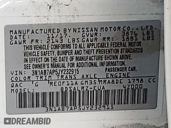 2018 Nissan Sentra S with VIN 3N1AB7AP5JY232915, listed as a Copart auction lot 51688605 with 107,065 mi miles and Salvage Title. Bid and sale history available at DreamBid. Image 12.
