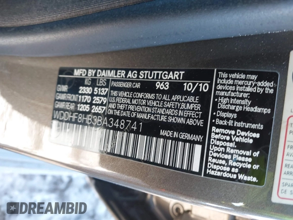 2011 Mercedes-Benz E-Class E 350 Luxury with VIN WDDHF8HB3BA348741, listed as a IAAI auction lot 41424618 with 117,306 mi miles. Bid and sale history available at carsss.com. Image 9.