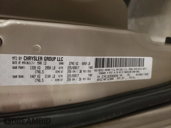 2013 Chrysler Town & Country Touring with VIN 2C4RC1BG9DR696948, listed as a Copart auction lot 53795575 with 169,673 mi miles and Salvage Title. Bid and sale history available at DreamBid. Image 13.