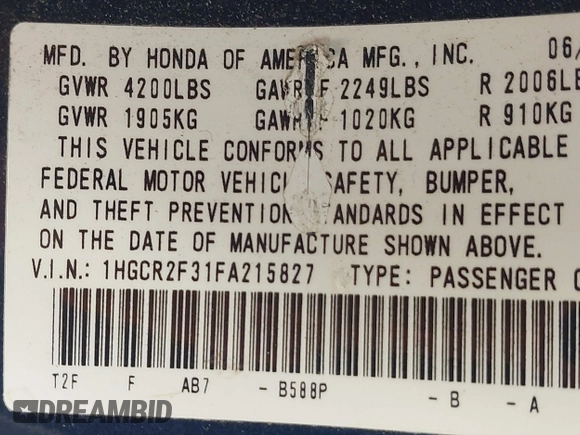 2015 Honda Accord LX with VIN 1HGCR2F31FA215827, listed as a IAAI auction lot 41908987 with 123,113 mi miles and . Bid and sale history available at carsss.com. Image 9.