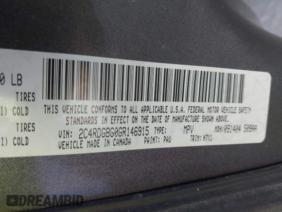 2016 Dodge Grand Caravan SE with VIN 2C4RDGBG0GR146915, listed as a IAAI auction lot 41841110 with 142,005 mi miles and . Bid and sale history available at DreamBid. Image 9.