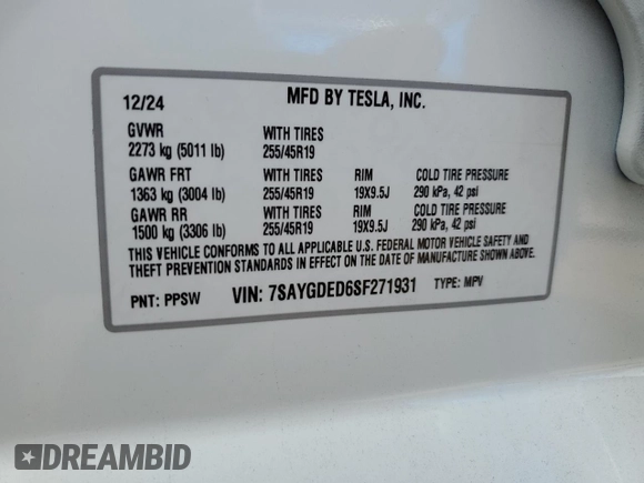 2025 Tesla Model Y Long Range with VIN 7SAYGDED6SF271931, listed as a Copart auction lot 43376015 with 261 mi miles and Salvage Title. Bid and sale history available at DreamBid. Image 12.
