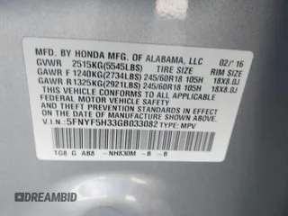 2016 Honda Pilot EX with VIN 5FNYF5H33GB033082, listed as a IAAI auction lot 41699662 with 98,799 mi miles. Bid and sale history available at carsss.com. Image 9.