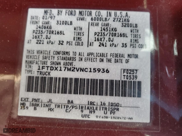 1997 Ford F-150 Standard with VIN 1FTDX17W2VNC15936, listed as a Copart auction lot 48991325 with 65,275 mi miles and Clean Title. Bid and sale history available at carsss.com. Image 12.