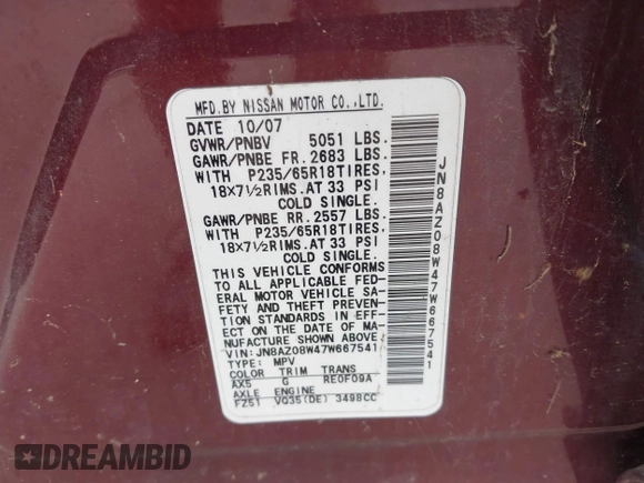 2007 Nissan Murano S with VIN JN8AZ08W47W667541, listed as a IAAI auction lot 42194462 with 240,504 mi miles and . Bid and sale history available at DreamBid. Image 9.