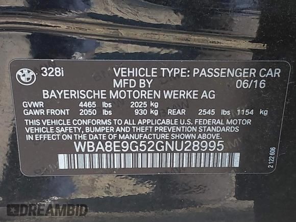 2016 BMW 3 Series 328i with VIN WBA8E9G52GNU28995, listed as a IAAI auction lot 41662201 with 86,381 mi miles. Bid and sale history available at carsss.com. Image 9.