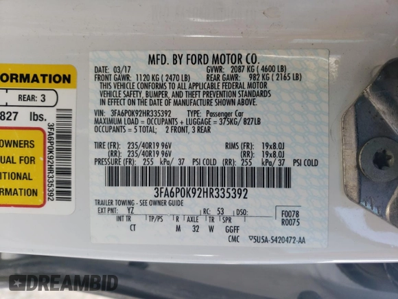 2017 Ford Fusion Titanium with VIN 3FA6P0K92HR335392, listed as a Copart auction lot 47507844 with 125,292 mi miles and Salvage Title. Bid and sale history available at carsss.com. Image 13.