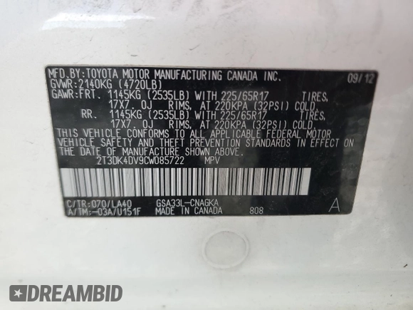 2012 Toyota RAV4 Limited with VIN 2T3DK4DV9CW085722, listed as a Copart auction lot 50684965 with 153,547 mi miles and Clean Title. Bid and sale history available at carsss.com. Image 13.