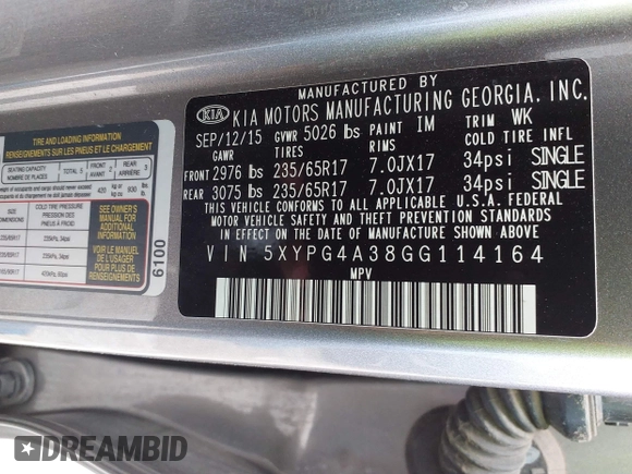 2016 Kia Sorento LX with VIN 5XYPG4A38GG114164, listed as a IAAI auction lot 42105518 with 95,892 mi miles. Bid and sale history available at carsss.com. Image 9.