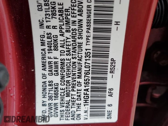 2006 Honda Civic LX with VIN 1HGFA16576L071351, listed as a Copart auction lot 51846535 with 137,792 mi miles and Salvage Title. Bid and sale history available at DreamBid. Image 14.