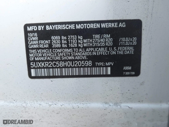 2017 BMW X5 sDrive35i with VIN 5UXKR2C58H0U20598, listed as a IAAI auction lot 41810582 with 92,463 mi miles. Bid and sale history available at carsss.com. Image 9.