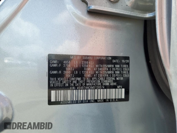 2021 Subaru Outback Limited с VIN 4S4BTANC6M3128574, выставлен на аукционе Copart как лот 61818425 с пробегом 39 796 миль миль и Списание • Salvage title. История ставок и продаж доступна на DreamBid. Изображение 13.