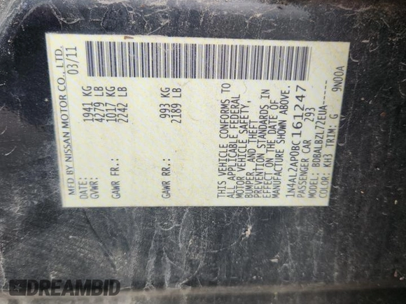 2011 Nissan Altima S with VIN 1N4AL2AP0BC161247, listed as a Copart auction lot 63262495 with 145,183 mi miles and Salvage title. Bid and sale history available at DreamBid. Image 12.