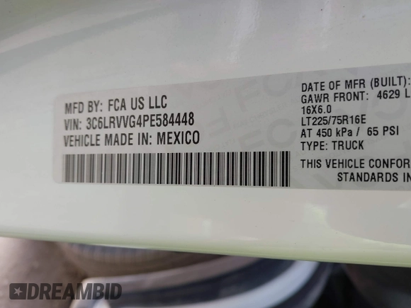2023 Ram ProMaster Cargo with VIN 3C6LRVVG4PE584448, listed as a IAAI auction lot 41582170 with 87,666 mi miles and . Bid and sale history available at DreamBid. Image 5.