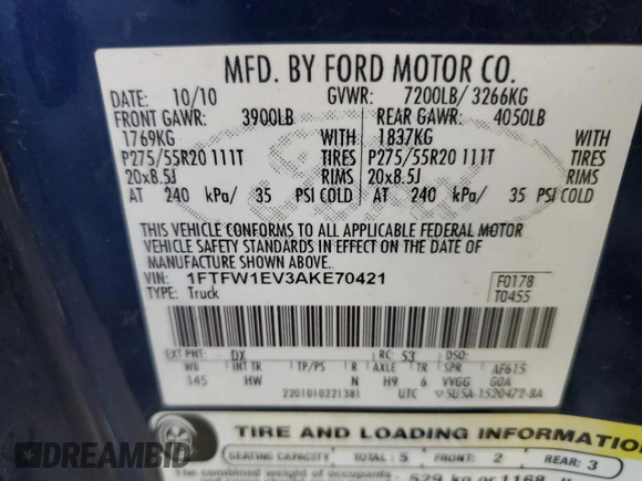2010 Ford F-150 XL with VIN 1FTFW1EV3AKE70421, listed as a Copart auction lot 55401005 with 136,440 mi miles and Salvage title. Bid and sale history available at DreamBid. Image 12.