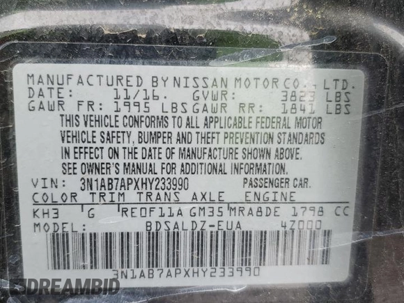 2017 Nissan Sentra SV with VIN 3N1AB7APXHY233990, listed as a Copart auction lot 59626525 with 100,069 mi miles and Salvage title. Bid and sale history available at DreamBid. Image 12.