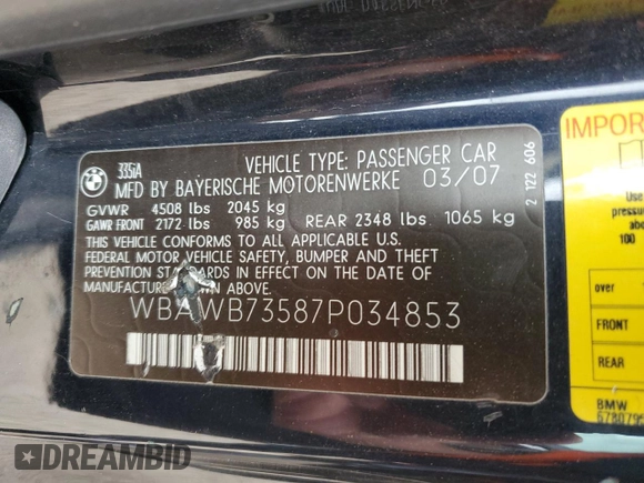 2007 BMW 3 Series 335i with VIN WBAWB73587P034853, listed as a Copart auction lot 61181285 with 108,147 mi miles and Salvage title. Bid and sale history available at DreamBid. Image 12.