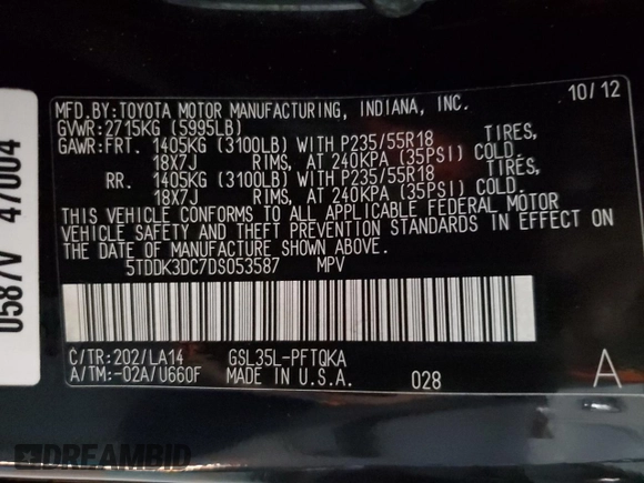2013 Toyota Sienna XLE with VIN 5TDDK3DC7DS053587, listed as a Copart auction lot 51430625 with 157,860 mi miles and Salvage Title. Bid and sale history available at DreamBid. Image 15.