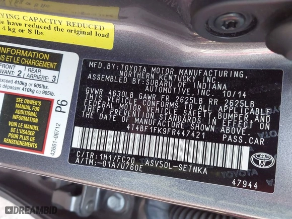 2015 Toyota Camry XLE with VIN 4T4BF1FK9FR447421, listed as a IAAI auction lot 41803147 with 109,026 mi miles. Bid and sale history available at carsss.com. Image 9.