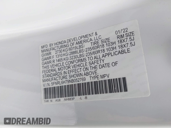 2022 Honda Odyssey EX-L with VIN 5FNRL6H79NB052769, listed as a IAAI auction lot 41568225 with 78,360 mi miles and . Bid and sale history available at DreamBid. Image 9.