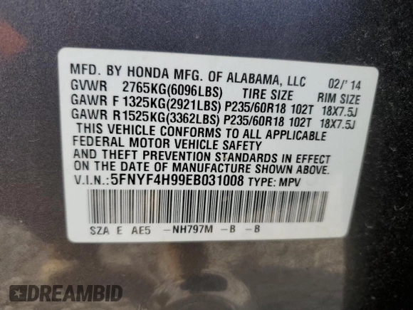 2014 Honda Pilot Touring with VIN 5FNYF4H99EB031008, listed as a Copart auction lot 49169595 with 162,506 mi miles and Non Repairable. Bid and sale history available at carsss.com. Image 14.