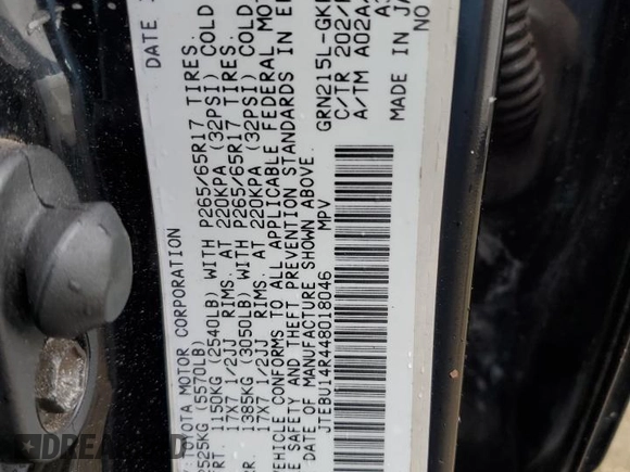 2004 Toyota 4Runner SR5 with VIN JTEBU14R448018046, listed as a Copart auction lot 55977005 with 226,004 mi miles and Salvage title. Bid and sale history available at DreamBid. Image 13.