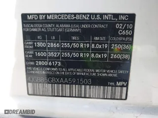 2010 Mercedes-Benz M-Class ML 350 with VIN 4JGBB5GBXAA591503, listed as a IAAI auction lot 41970139 with 190,453 mi miles. Bid and sale history available at carsss.com. Image 9.