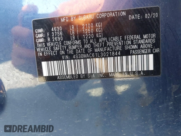 2020 Subaru Legacy Premium с VIN 4S3BWAC61L3021844, выставлен на аукционе IAAI как лот 42391139 с пробегом 117 581 миль миль и . История ставок и продаж доступна на DreamBid. Изображение 9.