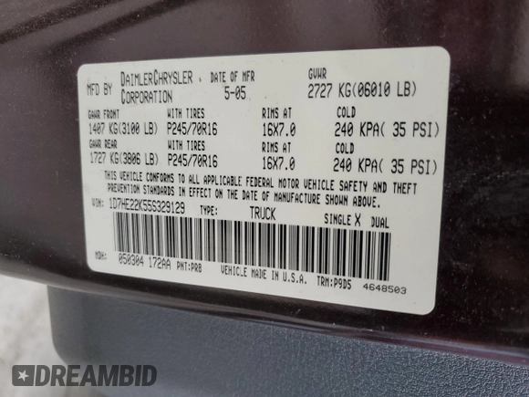 2005 Dodge Dakota ST with VIN 1D7HE22K55S329129, listed as a Copart auction lot 51287235 with 132,840 mi miles and Clean Title. Bid and sale history available at DreamBid. Image 12.