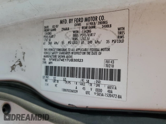 2007 Ford Explorer Eddie Bauer with VIN 1FMEU74E17UB30523, listed as a Copart auction lot 59090955 with 237,617 mi miles and Non repairable. Bid and sale history available at DreamBid. Image 13.