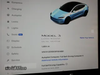 2025 Tesla Model 3 Long Range with VIN 5YJ3E1EB3SF904881, listed as a Copart auction lot 52704205 with 1,904 mi miles and Salvage Title. Bid and sale history available at DreamBid. Image 9.