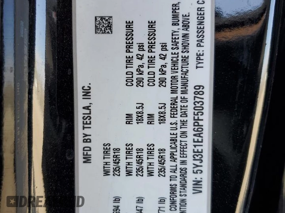 2023 Tesla Model 3 with VIN 5YJ3E1EA6PF503789, listed as a Copart auction lot 88225605 with 55,885 mi miles and Salvage Title. Bid and sale history available at carsss.com. Image 15.