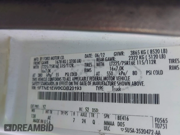 2012 Ford Econoline Cargo Commercial with VIN 1FTNE1EW0CDB20193, listed as a IAAI auction lot 40970101 with 353,006 mi miles and . Bid and sale history available at DreamBid. Image 9.