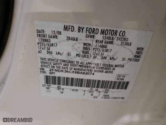 2009 Ford Edge SE with VIN 2FMDK36CX9BA62074, listed as a Copart auction lot 54018245 with 208,967 mi miles and Salvage Title. Bid and sale history available at carsss.com. Image 13.