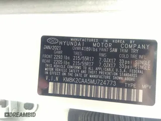 2021 Hyundai Kona SEL with VIN KM8K2CAA5MU724773, listed as a IAAI auction lot 41647534 with 83,667 mi miles. Bid and sale history available at carsss.com. Image 9.