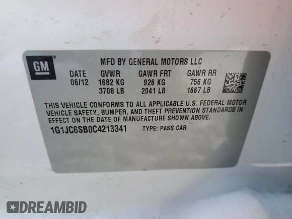 2012 Chevrolet Sonic LT with VIN 1G1JC6SB0C4213341, listed as a Copart auction lot 86681394 with 52,450 mi miles and Salvage Title. Bid and sale history available at carsss.com. Image 12.