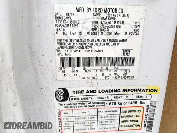 2012 Ford F-150 XL with VIN 1FTFW1CF3CKD29461, listed as a Copart auction lot 53370405 with 0 mi miles and Salvage Title. Bid and sale history available at carsss.com. Image 13.