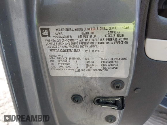2007 Chevrolet HHR LS with VIN 3GNDA13D67S594543, listed as a IAAI auction lot 41435877 with Not Provided miles and . Bid and sale history available at DreamBid. Image 9.