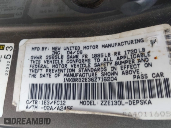 2006 Toyota Corolla CE с VIN 1NXBR32E36Z716204, выставлен на аукционе IAAI как лот 42161871 с пробегом 198 030 миль миль и . История ставок и продаж доступна на DreamBid. Изображение 9.