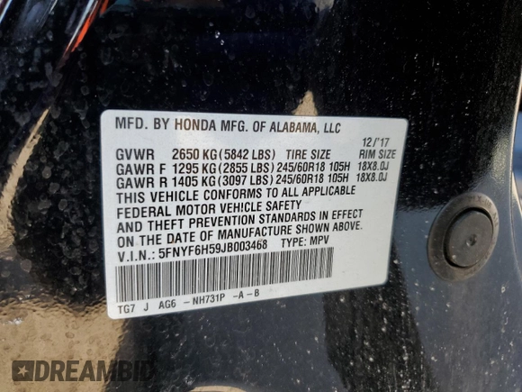 2018 Honda Pilot EX-L with VIN 5FNYF6H59JB003468, listed as a Copart auction lot 48523495 with 105,808 mi miles and Salvage Title. Bid and sale history available at carsss.com. Image 14.