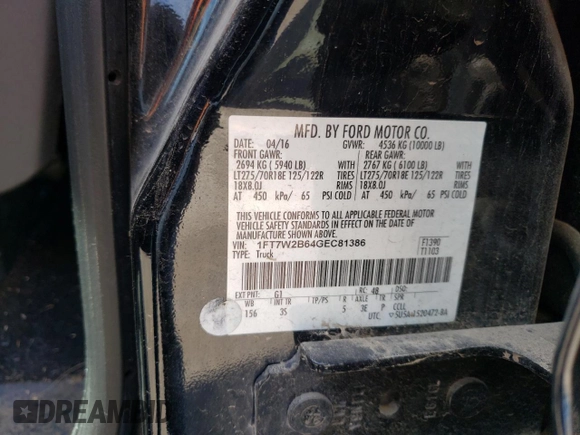 2016 Ford F-250 Lariat z VIN 1FT7W2B64GEC81386, wystawiony jako Copart lot #56113494 z przebiegiem 34 290 mil mil oraz Szkoda całkowita • Salvage title. Historia ofert i sprzedaży dostępna na DreamBid. Obrazek 12.