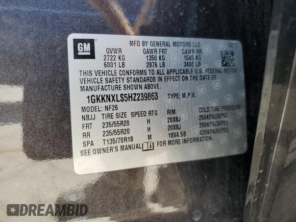 2017 GMC Acadia Denali z VIN 1GKKNXLS5HZ239863, wystawiony jako Copart lot #57999995 z przebiegiem 97 076 mil mil oraz Szkoda całkowita • Salvage title. Historia ofert i sprzedaży dostępna na DreamBid. Obrazek 13.