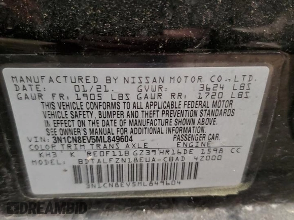 2021 Nissan Versa SV with VIN 3N1CN8EV5ML849604, listed as a Copart auction lot 42755325 with 89,119 mi miles and Clean title. Bid and sale history available at DreamBid. Image 12.