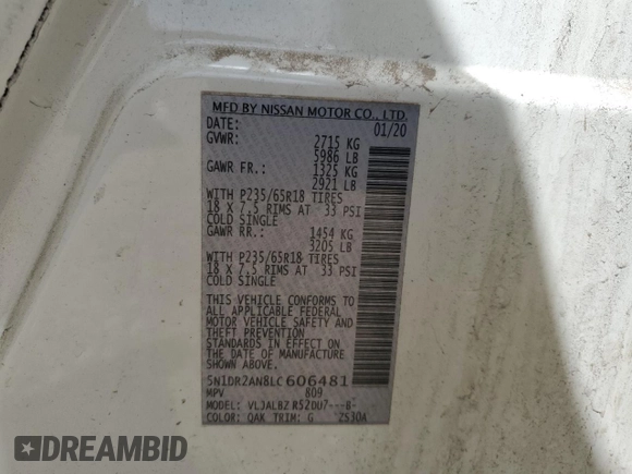 2020 Nissan Pathfinder S with VIN 5N1DR2AN8LC606481, listed as a Copart auction lot 57678925 with 61,108 mi miles and Salvage title. Bid and sale history available at DreamBid. Image 13.