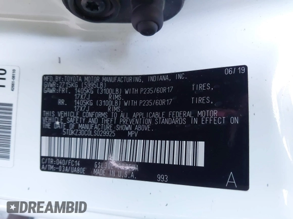 2020 Toyota Sienna LE Auto Access Seat with VIN 5TDKZ3DC0LS029925, listed as a IAAI auction lot 41882957 with 90,555 mi miles and . Bid and sale history available at DreamBid. Image 9.