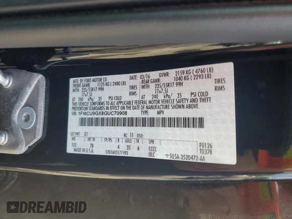 2016 Ford Escape SE with VIN 1FMCU9GX8GUC70908, listed as a Copart auction lot 55333905 with 63,038 mi miles and Clean Title. Bid and sale history available at DreamBid. Image 13.