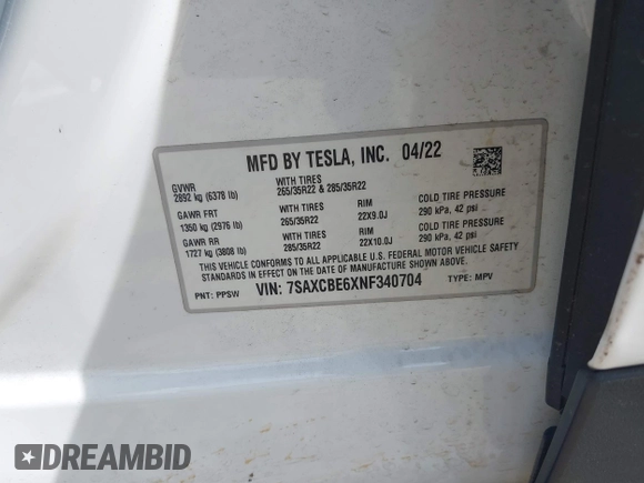 2022 Tesla Model X Plaid z VIN 7SAXCBE6XNF340704, wystawiony jako IAAI lot #41928524 z przebiegiem Nie podano mil oraz . Historia ofert i sprzedaży dostępna na DreamBid. Obrazek 9.